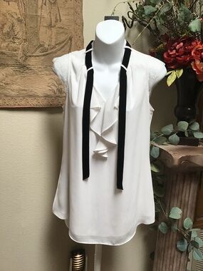 Joseph Ribkoff White Sleeveless Ruffle Neck Blouse with Black Ties